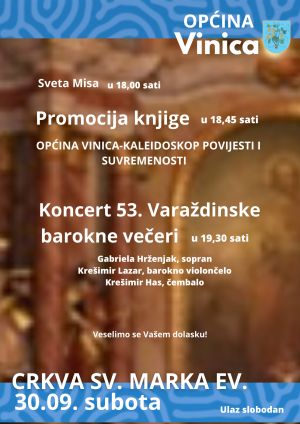 Promocija knjige Općina Vinica - Kaleidoskop povijesti i suvremenosti i Koncert 53. Varaždinskih baroknih večeri u Vinici